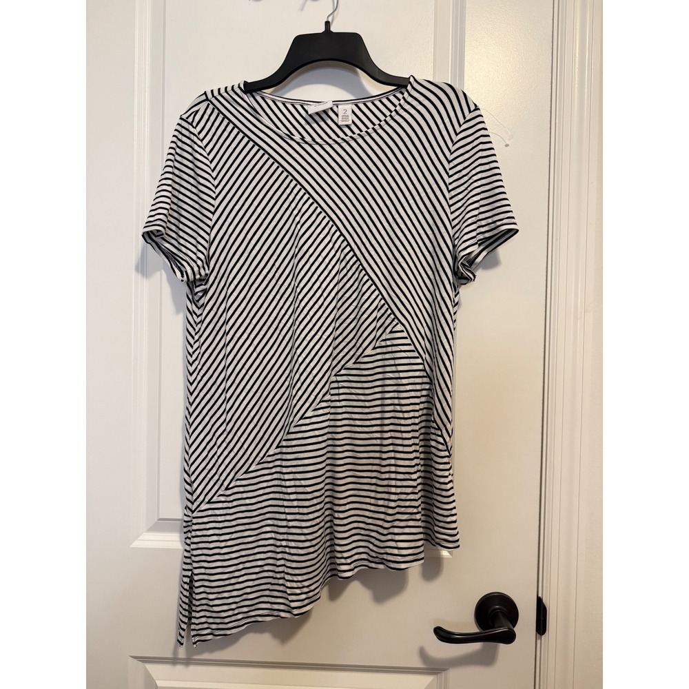 Weekends by Chicos Striped Top‎ Womens 2 Black White Excellent Asymmetrical Hem
